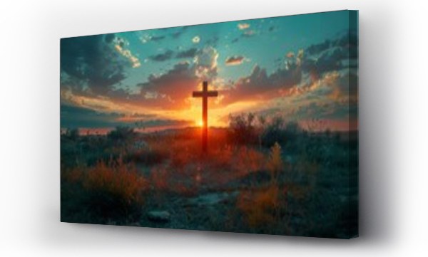 Wizualizacja Obrazu : #745325461 Christian Cross on a field at sunset