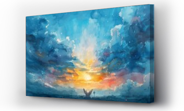 Wizualizacja Obrazu : #745327239 Watercolor illustration of hands with a cross in the sky and clouds