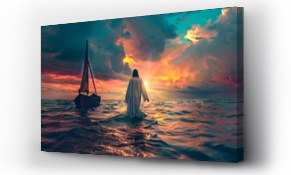 Wizualizacja Obrazu : #745543817 Illustration of jesus christ performing a miracle Walking on water towards a boat at dusk Embodying faith Hope And divine intervention