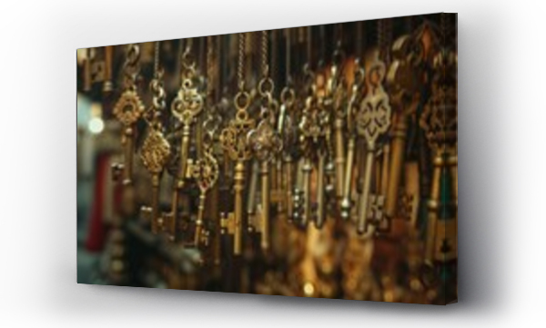Wizualizacja Obrazu : #745870270 A collection of ornate antique keys displayed at a vintage market, representing history and mystery.