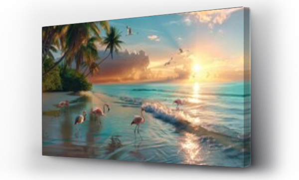 Wizualizacja Obrazu : #745887464 Idyllic view of flamingos on a beach at sunset with palm trees and sea