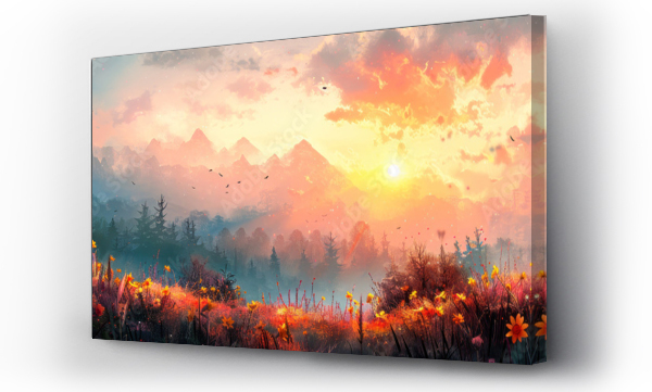 Wizualizacja Obrazu : #745950879 A panoramic landscape featuring a cross in a field of bright flowers under a dramatic sunset sky and mountain backdrop