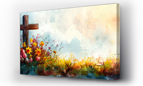 Wizualizacja Obrazu : #745952385 Exploring the theme of spirituality, a watercolor image capturing a wooden cross surrounded by a dynamic and colorful field of flowers