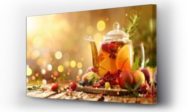 Wizualizacja Obrazu : #745952506 Homemade healthy hot fruit tea with fresh ripe orange, apple, mint leaves and twigs of thyme in glass teapot or kettle on grey kitchen background.