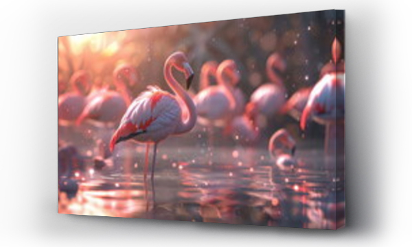 Wizualizacja Obrazu : #746119476 A group of Greater flamingos wading in the liquid at sunset