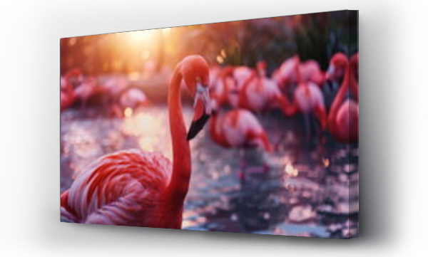 Wizualizacja Obrazu : #746119502 Group of Greater flamingos standing in water at sunset