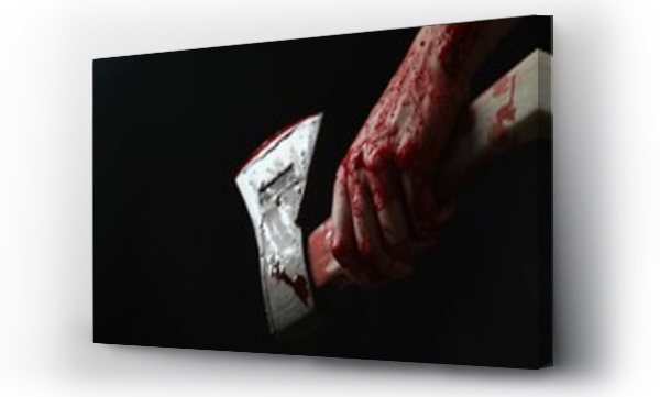 Wizualizacja Obrazu : #746368165 Man holding bloody axe on black background, closeup. Space for text