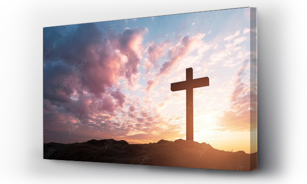 Wizualizacja Obrazu : #746886895 Silhouette christian religious cross on sunrise sky background