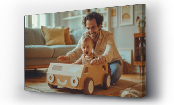 Wizualizacja Obrazu : #747215628 Father playing with his son in a cardboard car. Generative AI