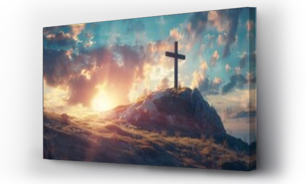Wizualizacja Obrazu : #747496214 Holy week concept with a cross on a hill Illuminated by the setting sun Symbolizing faith Redemption And spiritual reflection