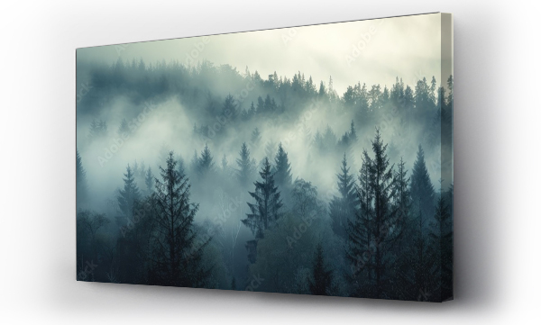 Wizualizacja Obrazu : #747661080 A misty forest filled with numerous spruce trees, as the morning fog blankets the landscape.