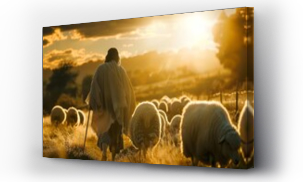 Wizualizacja Obrazu : #747728752 Shepherd scene with jesus christ guiding and protecting his flock in a field Symbolizing care Leadership And faith under divine light.
