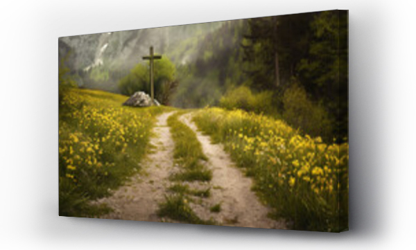 Wizualizacja Obrazu : #748247285 A winding path through spring meadows leading to a solitary cross, a journey of faith and renewal