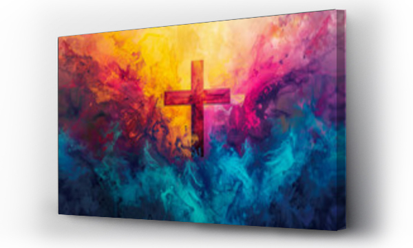 Wizualizacja Obrazu : #748271456 Abstract colorful painting of a cross symbolizing faith and spirituality amidst vibrant chaos. A fusion of art and belief in bright, emotive colors