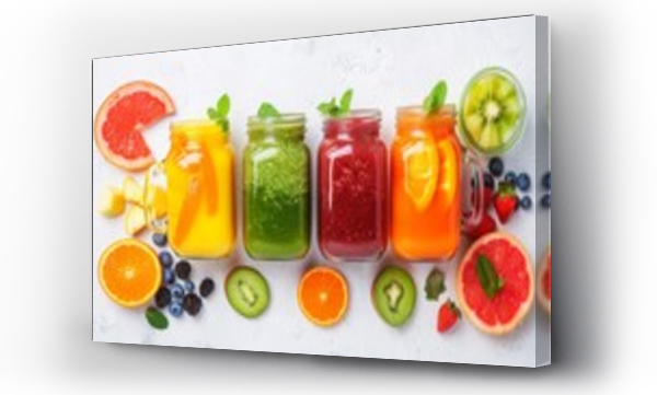 Wizualizacja Obrazu : #748607676 Array of colorful fresh fruit smoothies with ingredients, ideal for healthy lifestyle and diet concepts.
