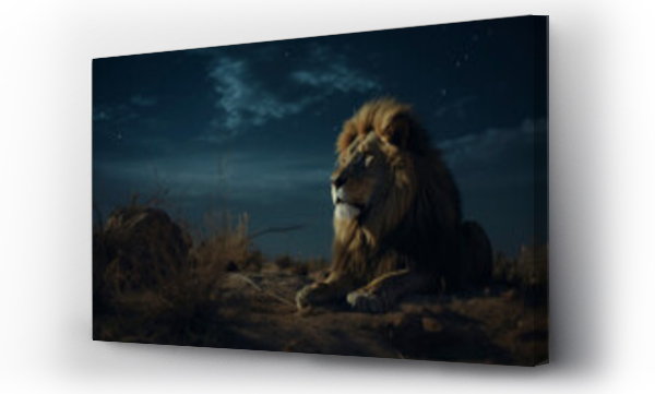 Wizualizacja Obrazu : #748933030 Majestic lion resting under a starry night sky in the wilderness.