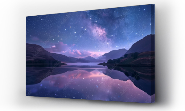 Wizualizacja Obrazu : #749011612 Space wallpaper. Serene scene of a tranquil lake reflecting the star-studded night sky above, capturing the timeless beauty of the cosmos mirrored in the still waters below