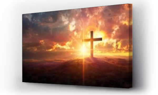 Wizualizacja Obrazu : #749529766 powerful message He is Risen with an image of the crucifixion at sunrise, capturing the divine light and spiritual significance.