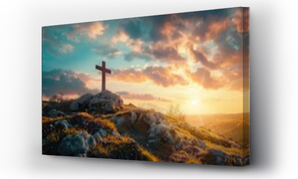 Wizualizacja Obrazu : #749529875 powerful message He is Risen with an image of the crucifixion at sunrise, capturing the divine light and spiritual significance.