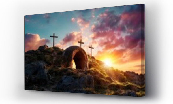 Wizualizacja Obrazu : #749930557 Resurrection Concept - Empty Tomb With Three Crosses On Hill At Sunrise