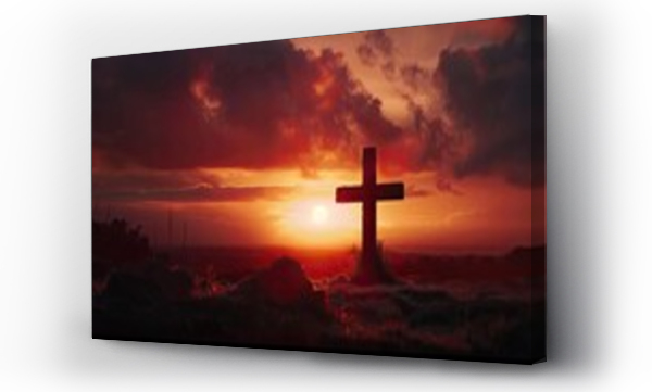 Wizualizacja Obrazu : #750014080 A serene sunset backdrop highlights a solitary cross, symbolizing faith and remembrance, against a dramatic sky.