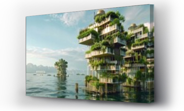 Wizualizacja Obrazu : #750407479 Verdant Vertical Living - Eco-Architecture. Innovative green architecture integrates lush vegetation into multi-story buildings, creating self-sustaining living spaces on the water. Floating building