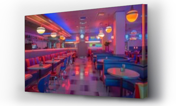 Wizualizacja Obrazu : #750504543 Colorful retro diner with neon signs, vibrant lighting, and classic booth seating, evoking nostalgic Americana.