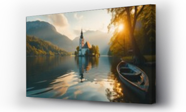 Wizualizacja Obrazu : #751097341 Sunrise lake in Austria, boat, mountains, church, landscape, nature