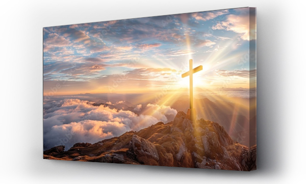 Wizualizacja Obrazu : #751104649 Sunrise behind a cross on a mountain top, symbolizing hope and faith with breathtaking views.

