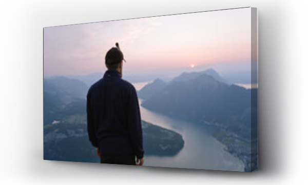 Wizualizacja Obrazu : #751276368 Male Tourist observing mountain lake at sunset