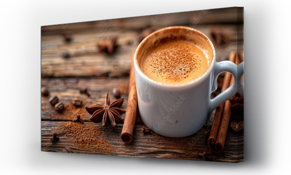 Wizualizacja Obrazu : #752209162 A cup of coffee surrounded by cinnamons and star anise on a weathered wood surface.