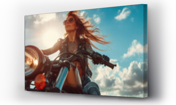 Wizualizacja Obrazu : #752935993 Beautiful woman biker wearing glass with tattoos muscled arms and legs, long hair in the wind, high heel boots, top, leather jacket, motorcycle