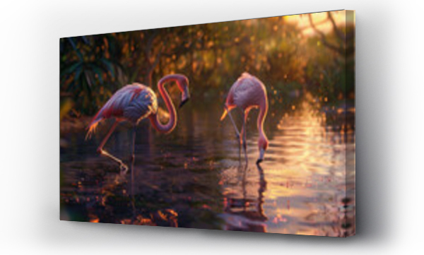 Wizualizacja Obrazu : #753616280 Elegant flamingos wading through a shallow pond, their feathers reflecting the hues of the sunset.