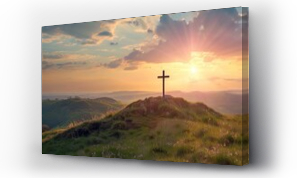 Wizualizacja Obrazu : #753878027 Cross on a hill during holy week Symbolizing faith Reflection And the spiritual significance of easter Set against a serene landscape