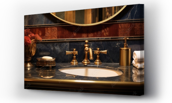 Wizualizacja Obrazu : #754192769 A classic bathroom sink with a shiny gold faucet stands against a white tiled wall, reflecting in the round mirror mounted above it. The retro-style bronze faucet adds a touch of elegance to the space