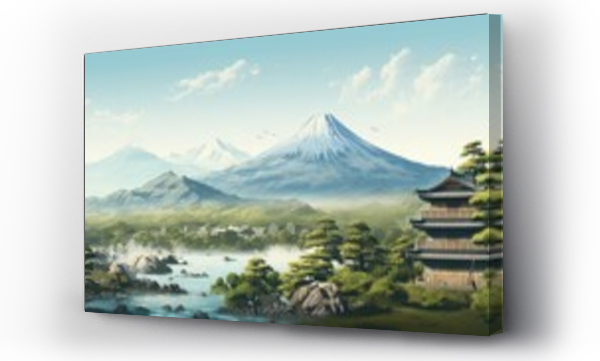 Wizualizacja Obrazu : #754263933 Scenic mountain landscape with a traditional pagoda in the foreground. Suitable for travel and nature themes
