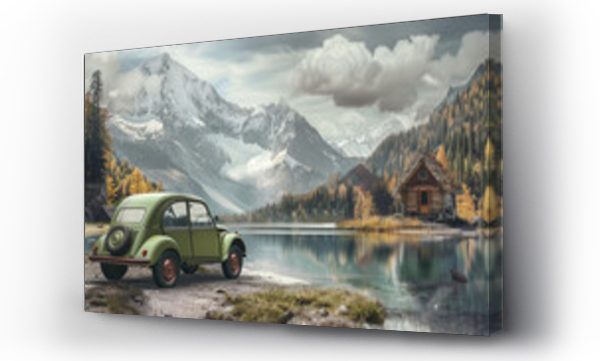 Wizualizacja Obrazu : #754465764 A retro-style digital painting of a green Citroen car near a lake with a cabin and mountains.