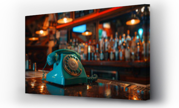 Wizualizacja Obrazu : #754971117 A teal retro telephone sits atop a retro-style bar, its rotary dial a relic in a world of touchscreens.