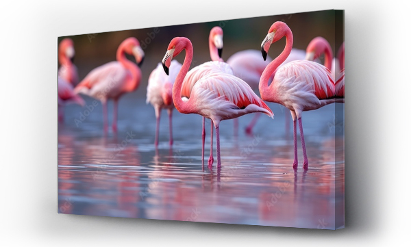 Wizualizacja Obrazu : #755047510 A group of greater flamingos with their iconic pink feathers are gathered in a serene lake, gracefully standing in the water with their long beaks submerged