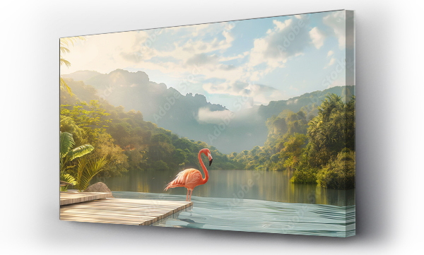 Wizualizacja Obrazu : #755156935 A solitary flamingo stands on a serene lakeside deck surrounded by lush tropical greenery in the soft light of sunset