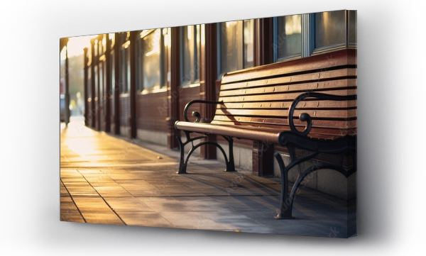 Wizualizacja Obrazu : #755190336 A hardwood bench with a wood stain finish is placed outdoors on the sidewalk in front of a building, adding charm and functionality to the outdoor furniture set