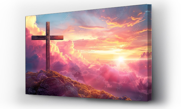 Wizualizacja Obrazu : #755842938 Divine cross symbolizing jesus christ s resurrection on golgotha hill with radiant sky and clouds.