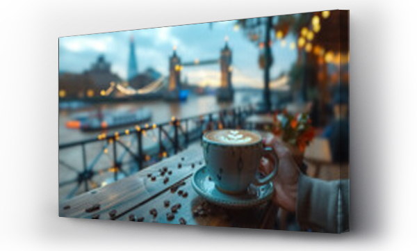 Wizualizacja Obrazu : #756366216 Close-up of a female hand holding a cup of coffee and Tower Bridge  is in the background, first-person photo, blurred background, travel image with well known destination