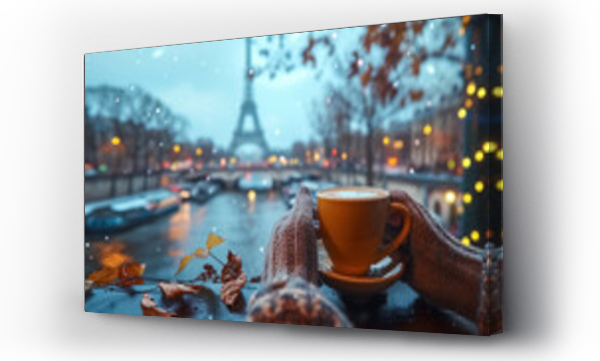 Wizualizacja Obrazu : #756366581 Close-up of a female hand holding a cup of coffee and an Eiffel Tower is in the background, first-person photo, blurred background, travel image with well known destination