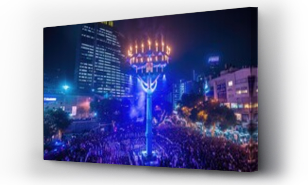 Wizualizacja Obrazu : #757192511 A gathering of numerous individuals surrounding a towering structure, engaged in conversation and observation, Menorah lighting ceremony in a bustling city square, AI Generated
