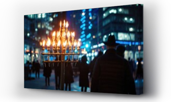 Wizualizacja Obrazu : #757192691 A diverse group of individuals walking together on a city street during nighttime, Menorah lighting ceremony in a bustling city square, AI Generated