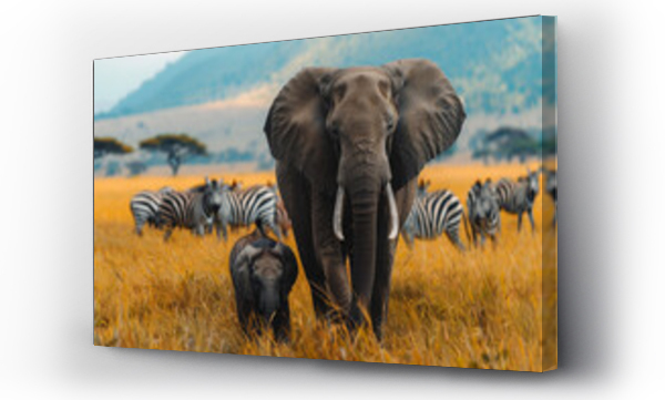 Wizualizacja Obrazu : #757913118 Elefanten in der Wildnis - Mutter und Kind vor Zebraherde
