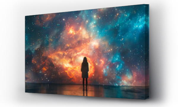 Wizualizacja Obrazu : #757939876 Silhouette of a person standing in awe of a breathtaking cosmic galaxy light projection