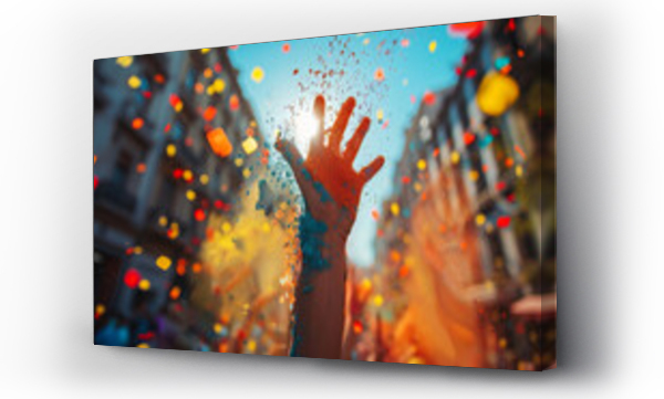 Wizualizacja Obrazu : #760404259 Colorful hands raised in the air at a holi festival