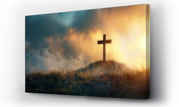 Wizualizacja Obrazu : #760404261 A wooden cross is on a hillside in the middle of a cloudy sky